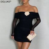 Gwmlk Shoulder Black Mini Dress Mesh Long Sleeve Ruched Bodycon Dress Flower Applique Short Party Night Club Dresses For Women