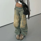 Gwmlk Aesthetic Y2K Washed Burr Cargo Jean Female Pockets Harajuku 2000s Pockets Denim Pants Straight Leg Trousers