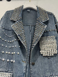 Gwmlk Women Denim Blazers Patchwork Notched Collar Pearls Diamond Embroidered Flares Suit Jackets 2024 Summer New Fashion 29L6434