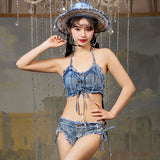 Gwmlk # New Summer Fashion Sexy Strap Split Swimwear Denim Bikini Set