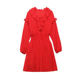 Gwmlk Ruffled Red Dress For Women 2024 Lace Up V Neck Long Sleeve Robe Vintage Elastic Waist Party Mini Dresses