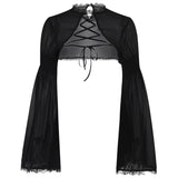 Gwmlk Lace Up Mall Gothic Crop Shrug Tops Grunge Chiffon Flare Sleeve Blouses Female Black Emo Alternative Cover Up