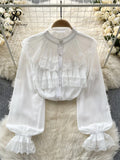 Gwmlk Spring Women Blouse 2024 New Ruffles Lantern Sleeves Single Breasted Sweet Shirt Fashion Flods Lace Loose Chiffon Tops