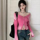 Gwmlk Sexy Off Shoulder Sweaters Women Autumn Slim Fit Double Zipper Knitted Cardigan Y2k E-Girl Long Sleeve Tops Mujer