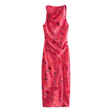 Gwmlk Sexy Women Twisted Round Neck Sleeveless Floral Print Satin Dress Side Gathers Slit Hem Female Summer Long Dresses