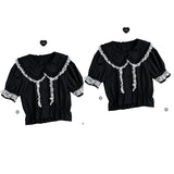 Gwmlk Kawaii Peter Pan Collar Lace Shirts Women Summer E-Girl Heart Short Sleeve Blouses Y2k Aesthetics Lolita Bottoming Tops