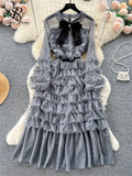 Gwmlk Autumn Sweet Cake Dress Transparent Belt 2024 O Neck French Bow Design Diamonds Mesh Gentle Temperament Long Dress