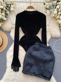 Gwmlk 2024 Autumn Long Sleeves Bodysuits 2024 Women O Neck Open Crotch Velvet Slim Playsuits+Plush Sexy Mini Skirt Suits