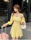 Gwmlk Winter Sweet Knitted Two Piece Dress Set Women Casual Coat+Strap Dress Set Female Korean Style Solid Slim Chic Dress Suit