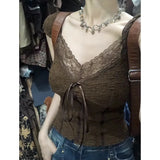 Gwmlk Retro Brown Textured Lace T-shirt for Women 2024 Summer V-neck Bow Tees Y2k E-Girl Slim Fit Short Sleeve Tops Female