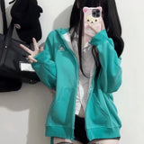 Gwmlk Anime Rabbit Ear Detachable Hoodie Jackets Y2k Long Sleeve Zipper Coat Women Spring New Mid-length Loose Tops Mujer