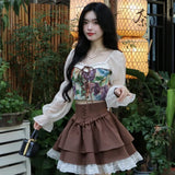 Gwmlk Sweet Slim Fit Lace Up Mesh Long Sleeve Tops Women+ Y2k High Waiast Brown Ruched Bow Skirts Summer New Two Piece Sets