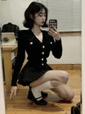 Gwmlk Fashion V-nck Long Sleeve Black Knitted Cardigan+ Y2k E-Girl High Waist Ruched Short Skirts 2024 New Two Piece Sets