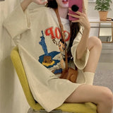 Gwmlk Cartoon Printed T-shirt Women 2024 Spring Summer Mid-length Tee Shirt Y2k Harajuku Half Sleeve Loose Female Tops