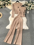 Gwmlk Senior Knitted Suits Fashion Metal Button Vest+V Neck Long Sleeves Cardigans+Wide Legs Pants Stripe Three Pieces Sets