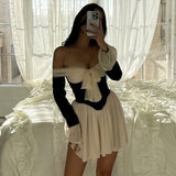 Gwmlk Shoulder Pleated Mini Dress Flared Long Sleeve A-Line Short Dress Chic and Elegant Birthday Party Dresses For Women 2024