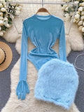 Gwmlk 2024 Autumn Long Sleeves Bodysuits 2024 Women O Neck Open Crotch Velvet Slim Playsuits+Plush Sexy Mini Skirt Suits