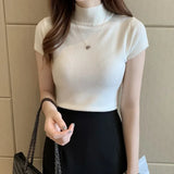 Gwmlk Summer Half Turtleneck Slim Knitted T-shirt Women Elegant Solid Short Sleeve Casual Versatile Pullover Casual Skinny Tops