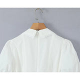 Gwmlk Summer Women Vintage Puff Sleeve Lapel Collar White Mini Dress Tie Bow Sashes Pleated Hem Female Cotton Robe