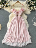 Gwmlk Ruffles Sexy Women Beach Dress Summer 2024 Flower Slim Backless V Neck Zipper Vacation Ladies A Line Long Dresses