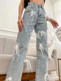 Gwmlk Women's Jeans High Waist Square Diamonds White Feathers Straight Wide Leg Denim Trousers 2024 Summer New Fashion 29L2977