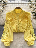 Gwmlk French Style Casual Embroidery Blouse Women Long Sleeves Pearl Shirt Fashion Ruffles Cotton Hollow Out Loose Top