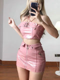 Gwmlk Sweet Pink Strapless Vest for Women+ Y2k E-Girl High Waist Bodycon Leather Skirts 2024 Summer New Two Piece Sets