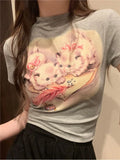 Gwmlk Yellow Short Sleeved T-shirt for Women 2024 Summer Fashion Slim Fit Tee Shirt Y2k Grunge O-neck Kawaii Cat Print Tops