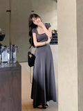 Gwmlk New Summer Waist-fitted Elegant French Style Women's Grey Short Sleeve Tank Dress Long Dress Sexy Dress