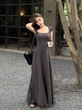 Gwmlk New Summer Waist-fitted Elegant French Style Women's Grey Short Sleeve Tank Dress Long Dress Sexy Dress