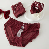 Gwmlk Women's Underwear Panty Sexy Lace Panties Girl Bowknot Wine Red Brief Med Waist Seamless Underpants Female Lingerie Panties