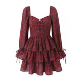 Gwmlk 2024 Women Front Lacing Up Wine Red Floral Print Dress Vintage Puff Sleeve Layered Ruffle Hem Cake Mini Dress Holiday