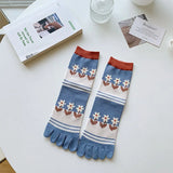 Gwmlk Womens Autumn and Winter Pure Cotton Five Finger Socks Printed Split Toe Socks Vintage Comfortable Socks