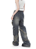 Gwmlk women star stitching tassel pants American retro high street jeans loose wide leg pants trendy punk y2k pants