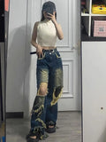 Gwmlk retro women tassel ripped jeans high waist star patch trendy brand fashion loose wide leg floor mopping pants