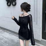 Gwmlk Split Hollow Out Cool Pullover Hole Knit Sweaters Women Dark Black Gothic Lady Sweater Autumn Sexy See Through Pull Jumpers