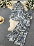 Gwmlk Summer Vintage Beach Three Pieces Suits Ladies Oversize Blouse+Wide Legs Long Pants Pleated Loose Casual Print Sets