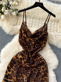 Gwmlk Spaghetti Strap Leopard Print Long Dress Ladies Sleeveless Slim Backless Sundress Fashion Holiday Beach Maxi Dress