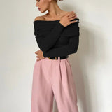 Gwmlk Women Knitted Wool T-shirt Slim Fit Long Sleeve Autumn Winter Chic Off Shoulder Basic Sweater Streetwear Pullovers