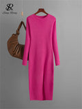 Gwmlk Autumn Skinny Knitted Dress Female O Neck Split Outerwear Fashion Korean Style Office Lady Solid Slim Sweater Dress