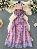 Gwmlk Halter Floral Print Long Dress 2024 Sleeveless Organza Bohemian Backless Sundress High Quality Lace Up Beach Dress