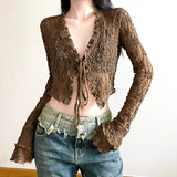 Gwmlk Sexy Lace See Through Cardigan Mujer V-neck Crop Top Slim Fit Tops Women Y2k E-Girl Long Sleeve All-match Shirts