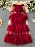 Gwmlk High Street Fashion Cake Mesh Party Dress Women Off the Shoulder Tierred Elastic Sundress Polka Dot Lace Maxi Dress