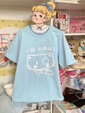 Gwmlk Kawaii Cat Print O-neck BaBy Blue T-shirts Summer Loose Oversize Cotton Tops Women Y2k Grunge Shoirt Sleeve Tee Shirt