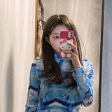 Gwmlk Ice Silk Sun Protection Mesh T-shirt for Women 2024 Summer New Blue Tie Dye Tee Shirt Y2k E-Girl Long Sleeve Tops