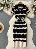 Gwmlk Short Sleeves Striped Long Dress Lapel Neck Hollow Out Slim Bodycon Sundress Fashion Hotsweet Knitted Beach Midi Dress