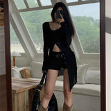 Gwmlk Single Breasted Black Tops Women Summer New Sun Protection Mesh Cardigans Y2k E-Girl Long Sleeve Mid-length Blouses