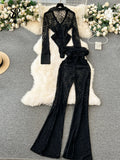 Gwmlk Fashion Lace Sheer Two Pieces Sets Women Lapel Long Sleeves Slim Bodysuits+Elastic Long Pants Ladies Sexy Sets