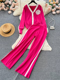 Gwmlk Fashion Knitted Women Suits Single Breasted V Neck Cardigan+Wide Legs Long Pants Autumn High Street Loose Sweater Sets