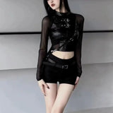 Gwmlk Sexy Crop Top Black Leather T-shirts 2024 Autumn New Slim Fit Tee Shirt Y2k E-Girl Long Sleeve Mesh Tops Women